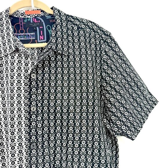 Ted Baker London Black White Floral Contrast Lightweight Short Sleeve Shirt - Picture 12 of 16